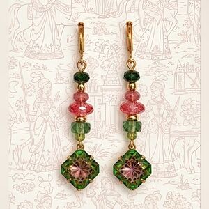 Pink And Green Flower Mosaic Glass In Drop Down Gold Plated Earrings